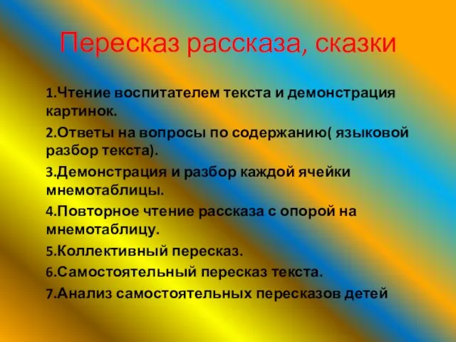 Пересказ рассказа, сказки 1.Чтение воспитателем текста и демонстрация картинок. 2.Ответы на