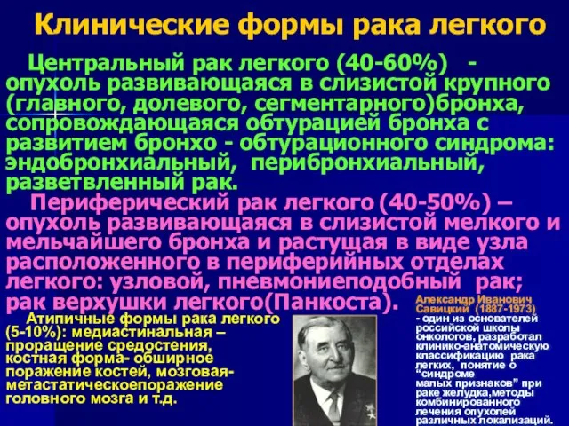 Клинические формы рака легкого Центральный рак легкого (40-60%) - опухоль развивающаяся