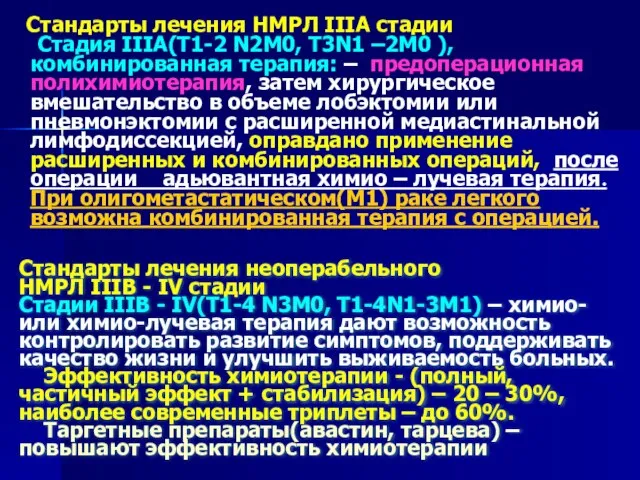 Стандарты лечения НМРЛ IIIА стадии Стадия IIIА(Т1-2 N2М0, Т3N1 –2М0 ),