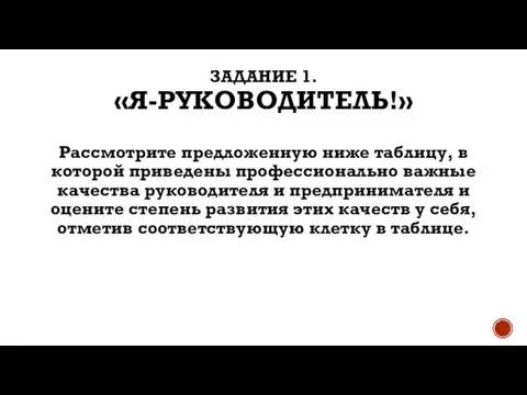 ЗАДАНИЕ 1. «Я-РУКОВОДИТЕЛЬ!» Рассмотрите предложенную ниже таблицу, в которой приведены профессионально