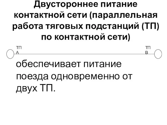 Двустороннее питание контактной сети (параллельная работа тяговых подстанций (ТП) по контактной