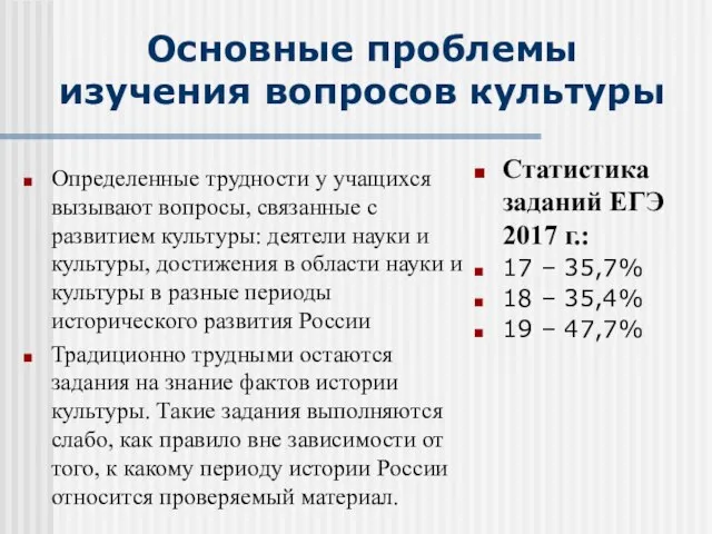 Определенные трудности у учащихся вызывают вопросы, связанные с развитием культуры: деятели