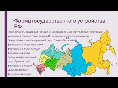 Форма государственного устройства РФ Также субъекты федерации объединены в федеральные округа