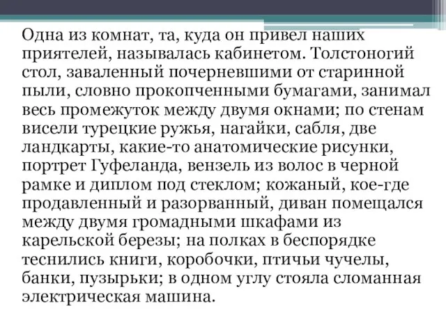 Одна из комнат, та, куда он привел наших приятелей, называлась кабинетом.