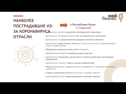 НАИБОЛЕЕ ПОСТРАДАВШИЕ ИЗ-ЗА КОРОНАВИРУСА ОТРАСЛИ в Республике Коми: 11 отраслей Деятельность