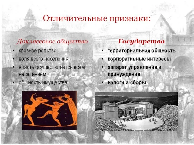 Отличительные признаки: Доклассовое общество кровное родство воля всего населения власть осуществляется