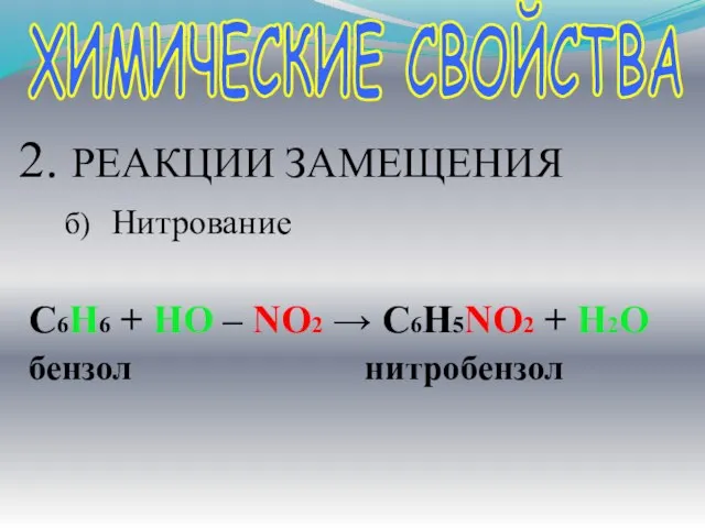 ХИМИЧЕСКИЕ СВОЙСТВА 2. РЕАКЦИИ ЗАМЕЩЕНИЯ б) Нитрование C6H6 + HO –