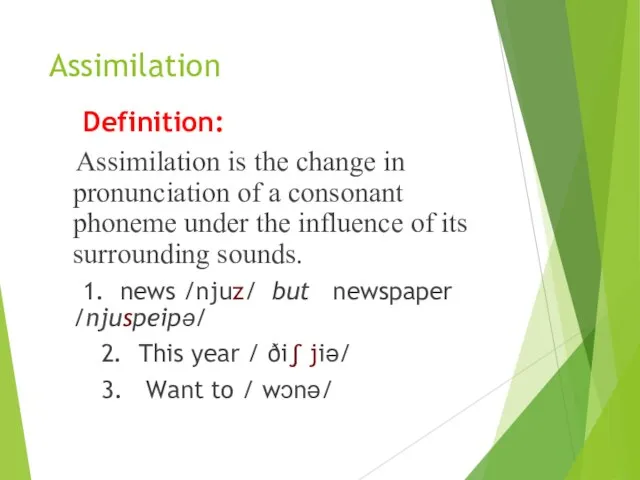 Assimilation Definition: Assimilation is the change in pronunciation of a consonant