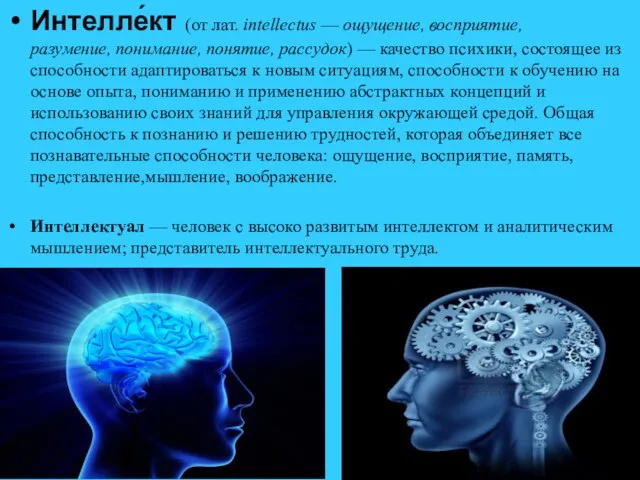 Интелле́кт (от лат. intellectus — ощущение, восприятие, разумение, понимание, понятие, рассудок)