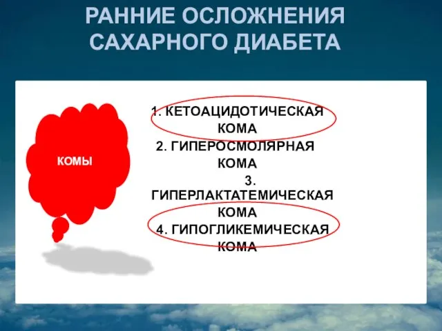 РАННИЕ ОСЛОЖНЕНИЯ САХАРНОГО ДИАБЕТА 1. КЕТОАЦИДОТИЧЕСКАЯ КОМА 2. ГИПЕРОСМОЛЯРНАЯ КОМА 3.ГИПЕРЛАКТАТЕМИЧЕСКАЯ КОМА 4. ГИПОГЛИКЕМИЧЕСКАЯ КОМА КОМЫ