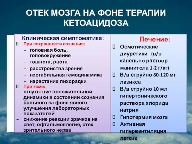 ОТЕК МОЗГА НА ФОНЕ ТЕРАПИИ КЕТОАЦИДОЗА Клиническая симптоматика: При сохранности сознания: