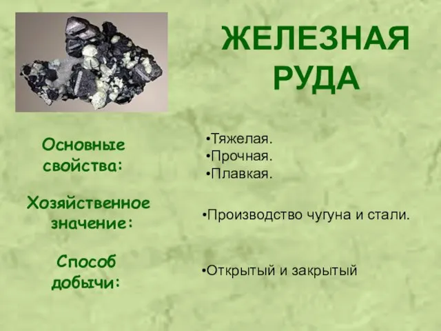 ЖЕЛЕЗНАЯ РУДА Основные свойства: Хозяйственное значение: Способ добычи: Тяжелая. Прочная. Плавкая.