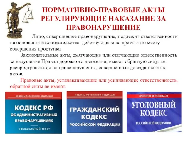 НОРМАТИВНО-ПРАВОВЫЕ АКТЫ РЕГУЛИРУЮЩИЕ НАКАЗАНИЕ ЗА ПРАВОНАРУШЕНИЕ Лицо, совершившее правонарушение, подлежит ответственности