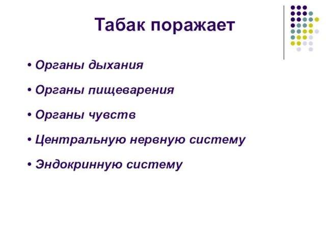 Табак поражает Органы дыхания Органы пищеварения Органы чувств Центральную нервную систему Эндокринную систему