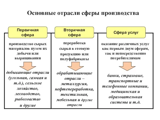 Первичная сфера Вторичная сфера Сфера услуг Основные отрасли сферы производства