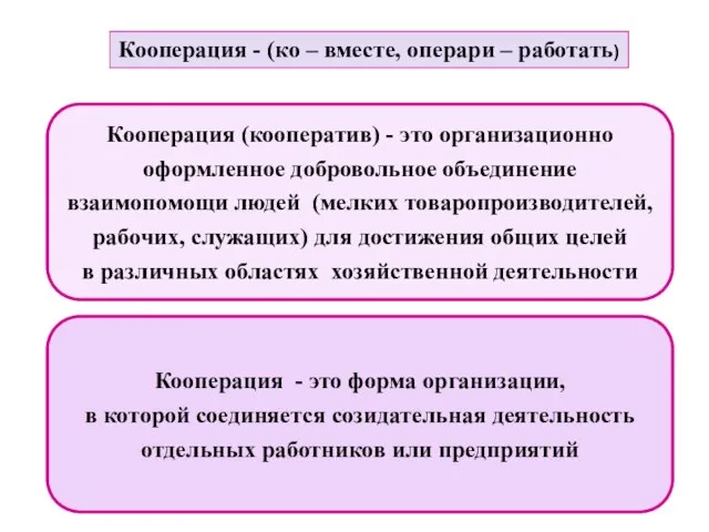 Кооперация (кооператив) - это организационно оформленное добровольное объединение взаимопомощи людей (мелких