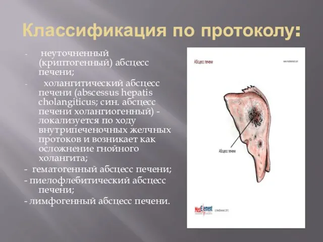 Классификация по протоколу: неуточненный (криптогенный) абсцесс печени; холангитический абсцесс печени (abscessus