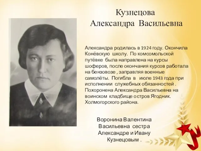 Кузнецова Александра Васильевна Александра родилась в 1924 году. Окончила Конёвскую школу.