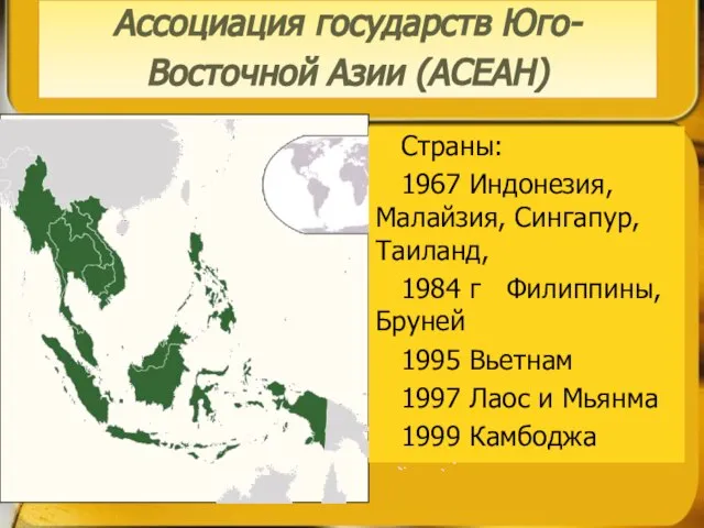 Ассоциация государств Юго-Восточной Азии (АСЕАН) Страны: 1967 Индонезия, Малайзия, Сингапур, Таиланд,