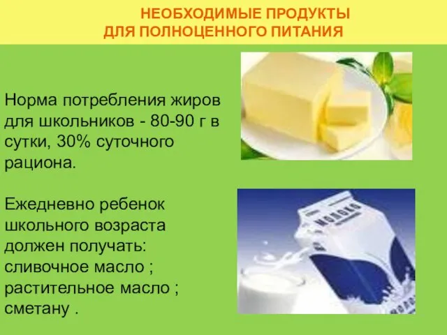 НЕОБХОДИМЫЕ ПРОДУКТЫ ДЛЯ ПОЛНОЦЕННОГО ПИТАНИЯ Норма потребления жиров для школьников -