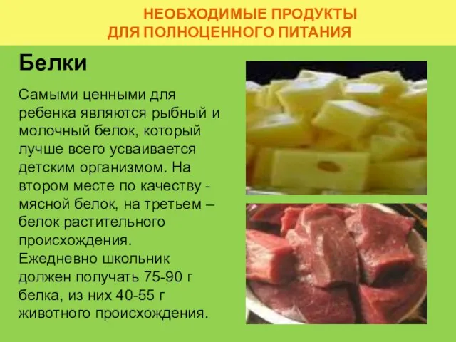 НЕОБХОДИМЫЕ ПРОДУКТЫ ДЛЯ ПОЛНОЦЕННОГО ПИТАНИЯ Белки Самыми ценными для ребенка являются