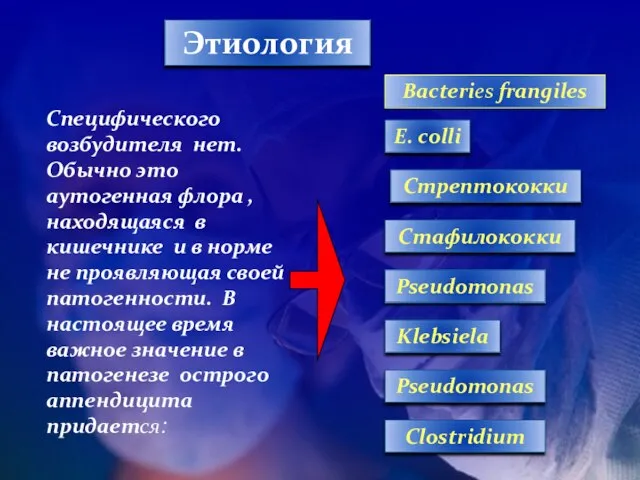 Специфического возбудителя нет. Обычно это аутогенная флора , находящаяся в кишечнике