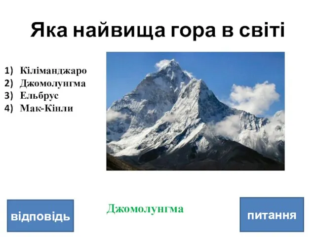 Яка найвища гора в світі питання відповідь Кіліманджаро Джомолунгма Ельбрус Мак-Кінли Джомолунгма