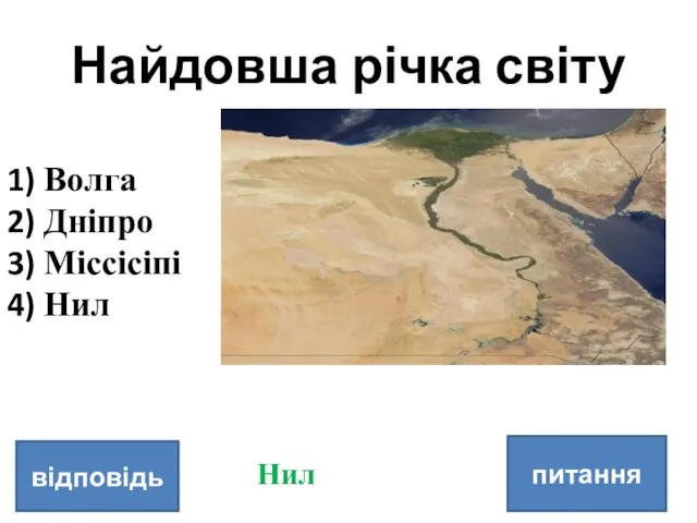 Найдовша річка світу питання відповідь Волга Дніпро Міссісіпі Нил Нил