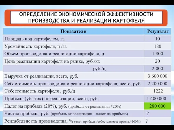 ОПРЕДЕЛЕНИЕ ЭКОНОМИЧЕСКОЙ ЭФФЕКТИВНОСТИ ПРОИЗВОДСТВА И РЕАЛИЗАЦИИ КАРТОФЕЛЯ