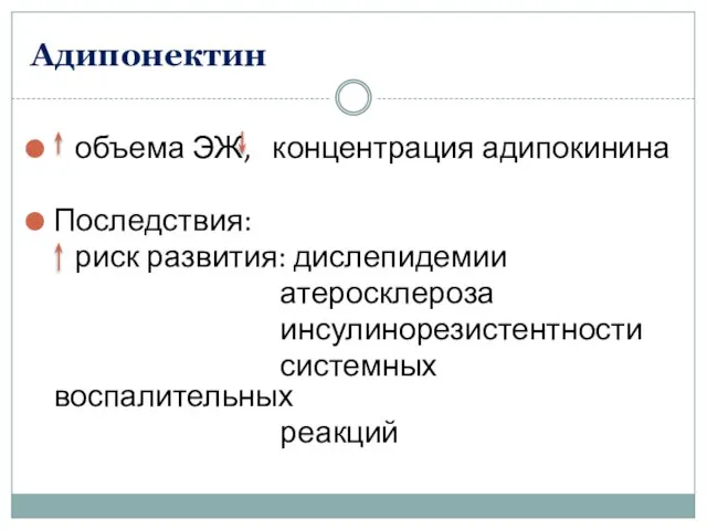 Адипонектин объема ЭЖ, концентрация адипокинина Последствия: риск развития: дислепидемии атеросклероза инсулинорезистентности системных воспалительных реакций