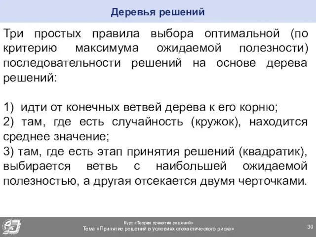 Три простых правила выбора оптимальной (по критерию максимума ожидаемой полезности) последовательности