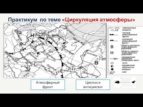 Практикум по теме «Циркуляция атмосферы» Атмосферный фронт Циклон и антициклон