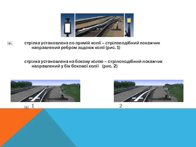 стрілка установлена по прямій колії – стрілоподібний покажчик направлений ребром вздовж
