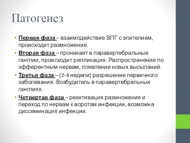 Патогенез Первая фаза – взаимодействие ВПГ с эпителием, происходит размножение. Вторая