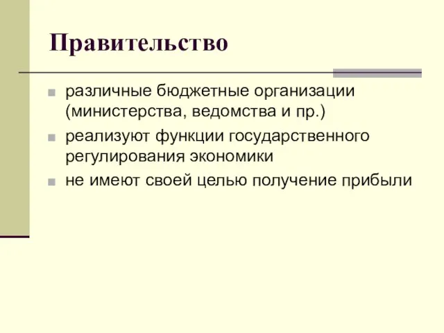 Правительство различные бюджетные организации (министерства, ведомства и пр.) реализуют функции государственного