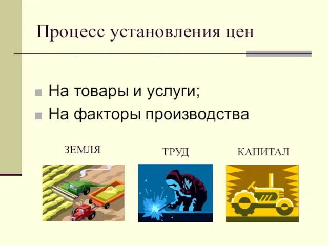 Процесс установления цен На товары и услуги; На факторы производства ЗЕМЛЯ ТРУД КАПИТАЛ