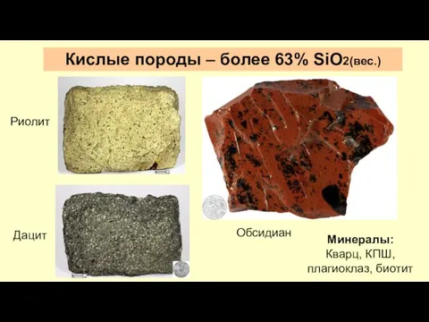 Кислые породы – более 63% SiO2(вес.) Минералы: Кварц, КПШ, плагиоклаз, биотит Обсидиан Риолит Дацит
