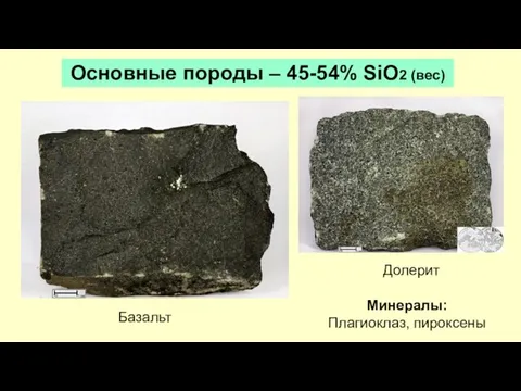 Основные породы – 45-54% SiO2 (вес) Минералы: Плагиоклаз, пироксены Базальт Долерит