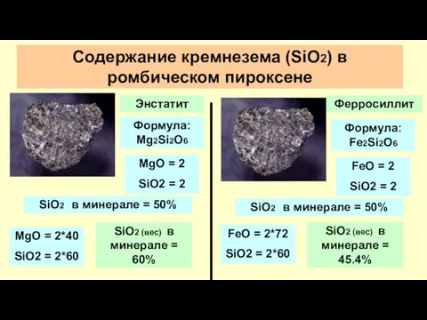 Содержание кремнезема (SiO2) в ромбическом пироксене Энстатит Формула: Mg2Si2O6 SiO2 в