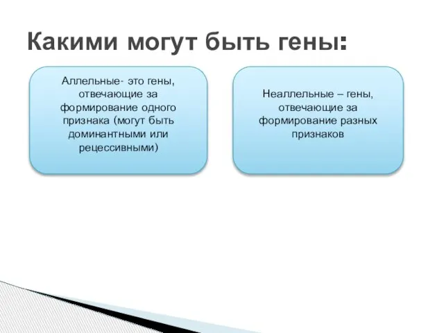 Какими могут быть гены: Аллельные- это гены, отвечающие за формирование одного