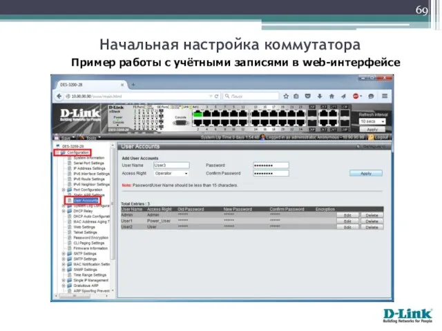Пример работы с учётными записями в web-интерфейсе Начальная настройка коммутатора