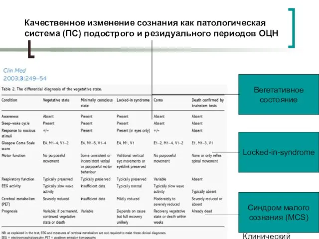 Клинический институт Мозга Вегетативное состояние Locked-in-syndrome Синдром малого сознания (MCS) Качественное