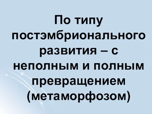 По типу постэмбрионального развития – с неполным и полным превращением (метаморфозом)