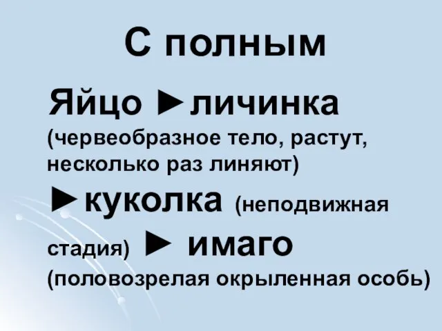 С полным Яйцо ►личинка (червеобразное тело, растут, несколько раз линяют) ►куколка