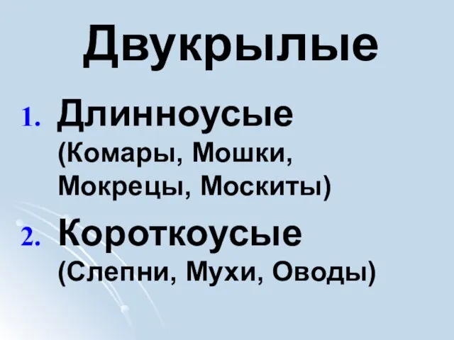 Двукрылые Длинноусые (Комары, Мошки, Мокрецы, Москиты) Короткоусые (Слепни, Мухи, Оводы)