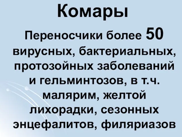 Комары Переносчики более 50 вирусных, бактериальных, протозойных заболеваний и гельминтозов, в