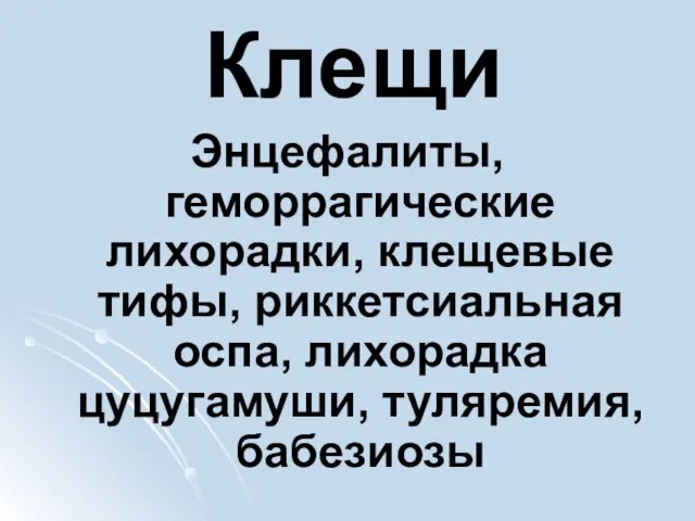 Клещи Энцефалиты, геморрагические лихорадки, клещевые тифы, риккетсиальная оспа, лихорадка цуцугамуши, туляремия, бабезиозы