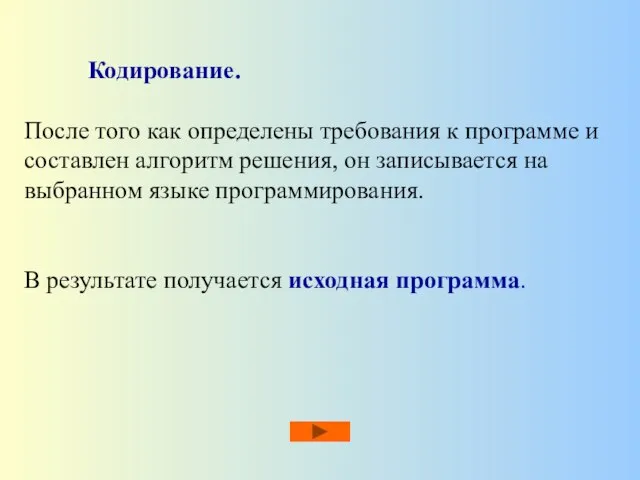 Кодирование. После того как определены требования к программе и составлен алгоритм