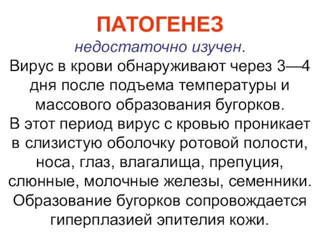 ПАТОГЕНЕЗ недостаточно изучен. Вирус в крови обнаруживают через 3—4 дня после