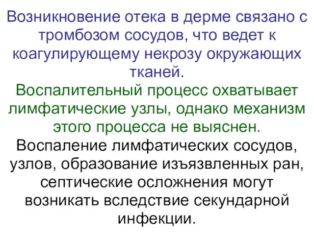 Возникновение отека в дерме связано с тромбозом сосудов, что ведет к